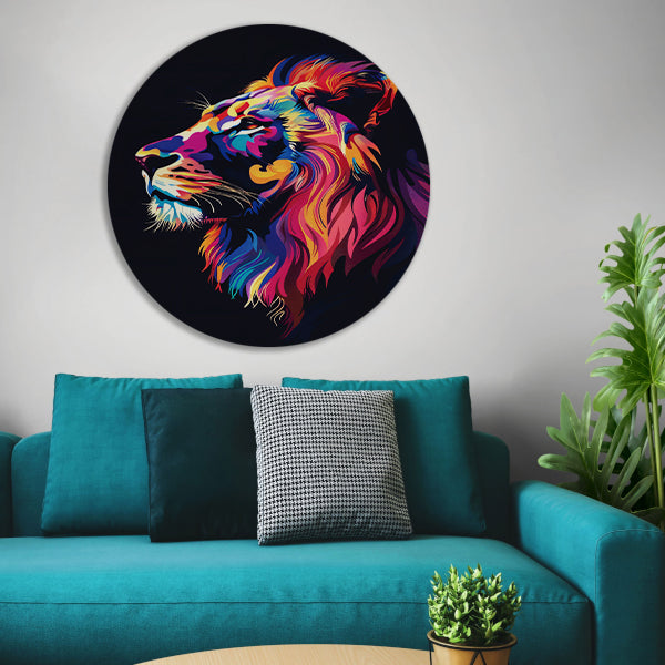 Kleurrijk digitale kunstprint van een leeuw aluminium muurcirkel