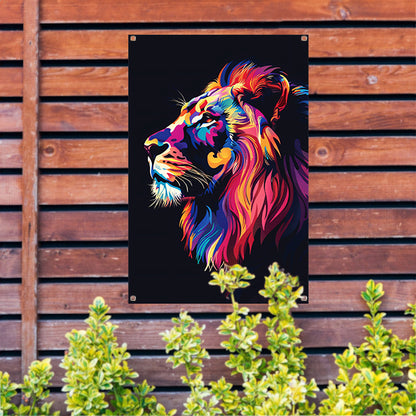 Kleurrijk digitale kunstprint van een leeuw tuinposter