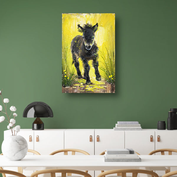 Abstract schilderij van pony met gele achtergrond acrylglas