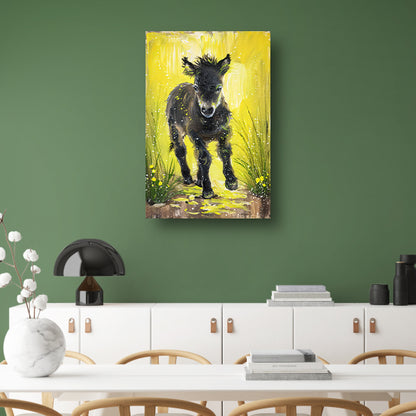 Abstract schilderij van pony met gele achtergrond acrylglas