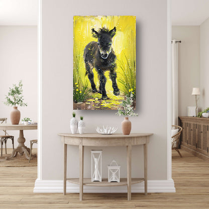 Abstract schilderij van pony met gele achtergrond acrylglas