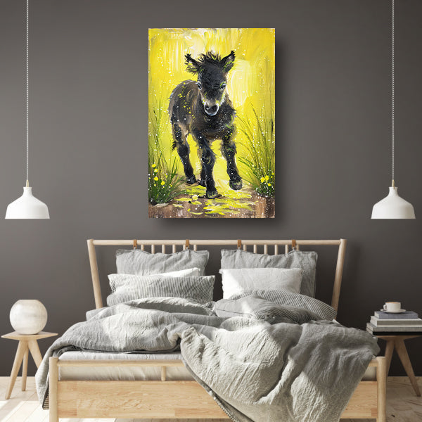 Abstract schilderij van pony met gele achtergrond acrylglas