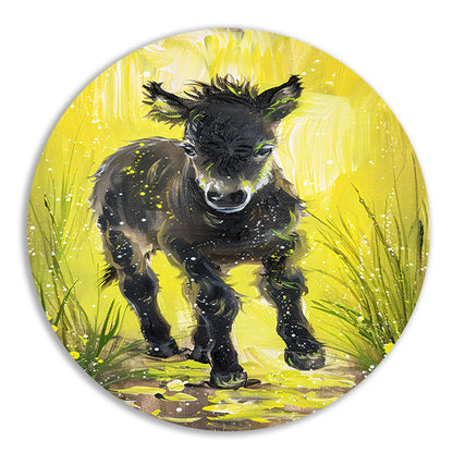 Abstract schilderij van pony met gele achtergrond forex muurcirkel