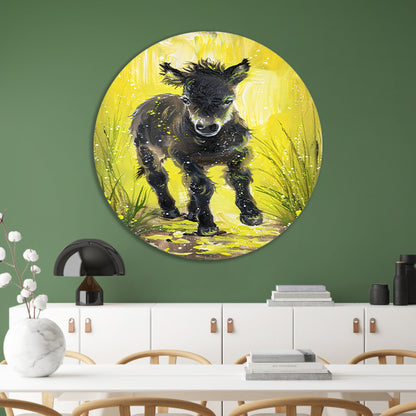 Abstract schilderij van pony met gele achtergrond forex muurcirkel