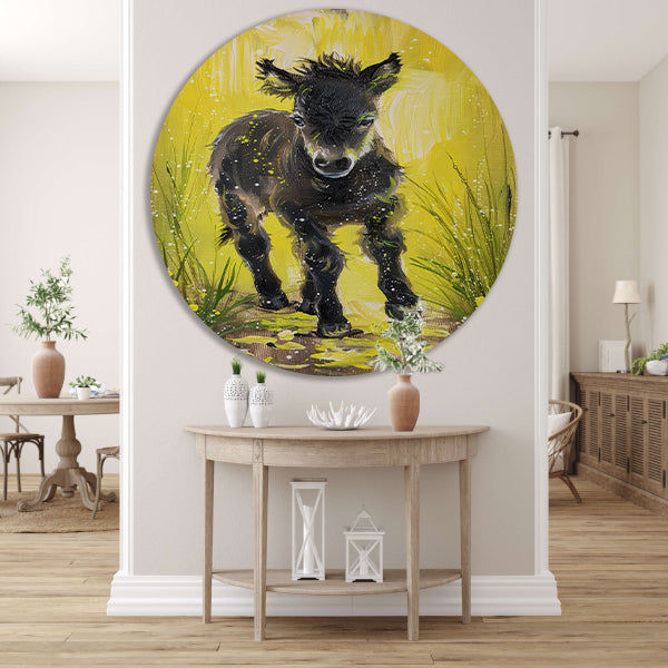 Abstract schilderij van pony met gele achtergrond aluminium muurcirkel