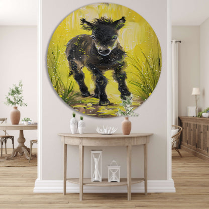 Abstract schilderij van pony met gele achtergrond aluminium muurcirkel