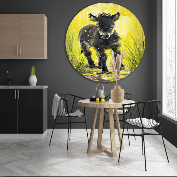 Abstract schilderij van pony met gele achtergrond aluminium muurcirkel