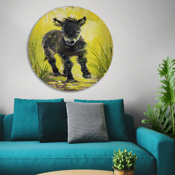 Abstract schilderij van pony met gele achtergrond forex muurcirkel