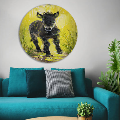 Abstract schilderij van pony met gele achtergrond forex muurcirkel