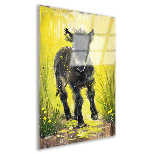 Abstract schilderij van pony met gele achtergrond acrylglas