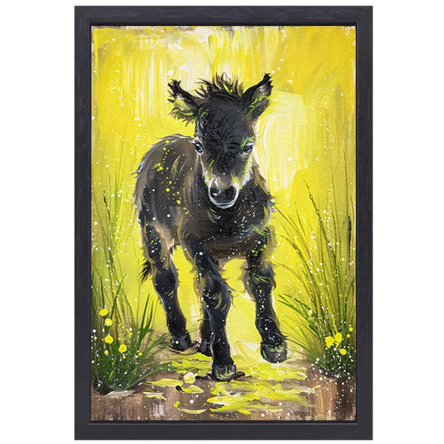 Abstract schilderij van pony met gele achtergrond canvas met baklijst