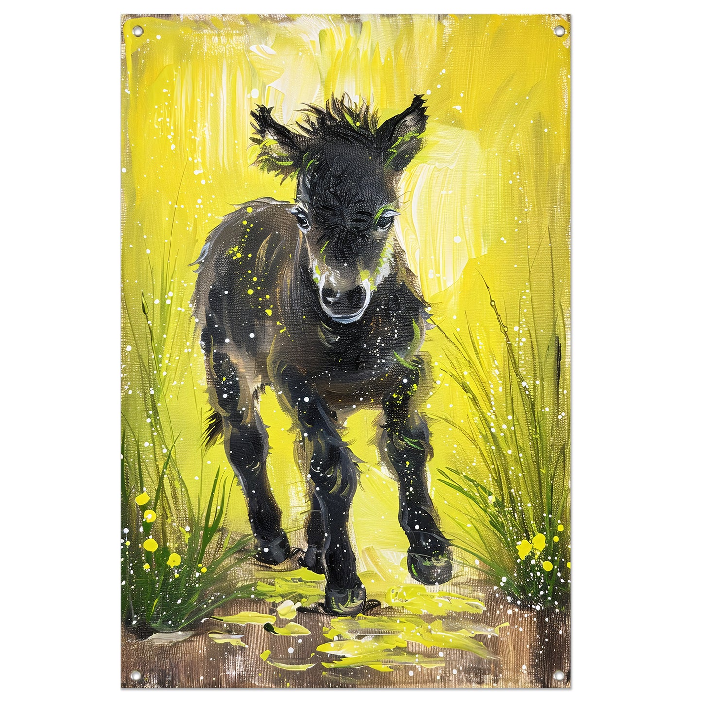 Abstract schilderij van pony met gele achtergrond tuinposter