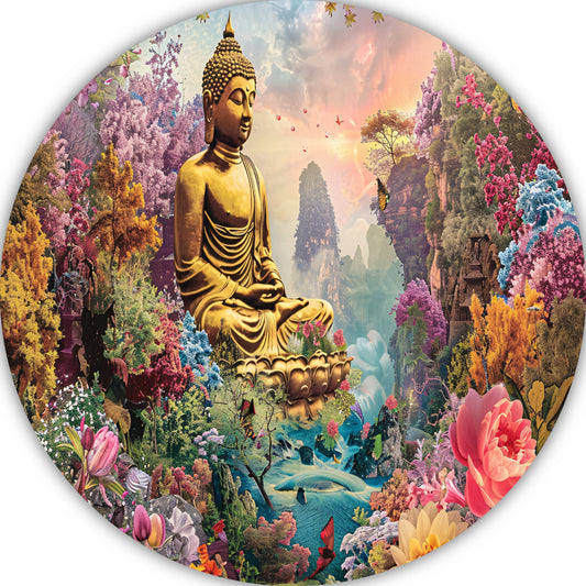 Boeddha Meditatie in Eclectische Bloementuin aluminium muurcirkel