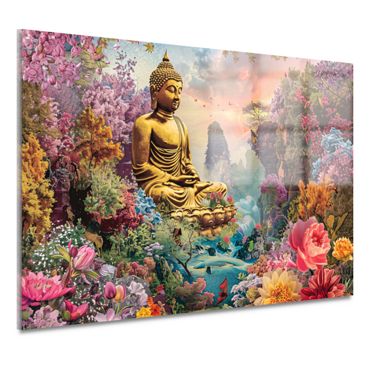 Boeddha Meditatie in Eclectische Bloementuin acrylglas