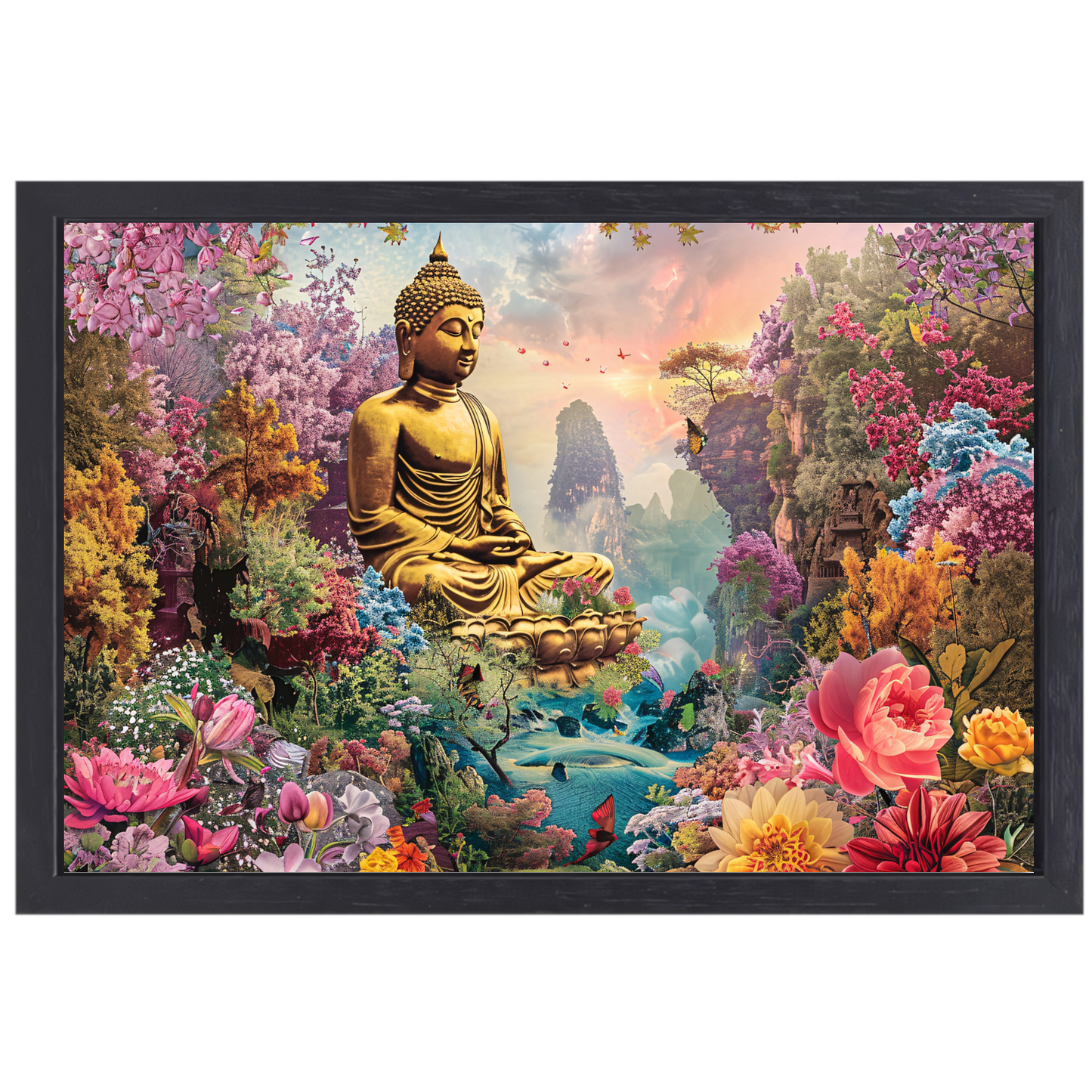 Boeddha Meditatie in Eclectische Bloementuin canvas met baklijst