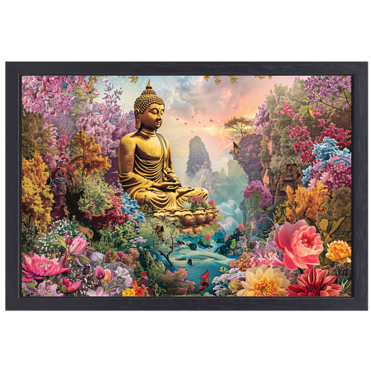 Boeddha Meditatie in Eclectische Bloementuin canvas met baklijst