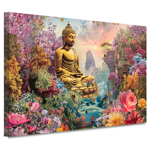 Boeddha Meditatie in Eclectische Bloementuin canvas