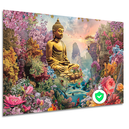 Boeddha Meditatie in Eclectische Bloementuin poster