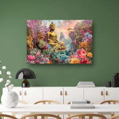 Boeddha Meditatie in Eclectische Bloementuin poster