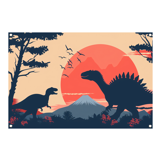 Silhouetten van dinos in prehistorisch landschap tuinposter