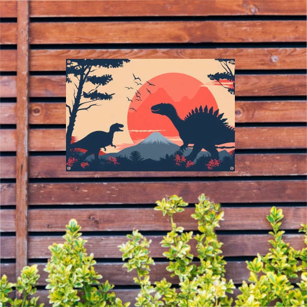 Silhouetten van dinos in prehistorisch landschap tuinposter