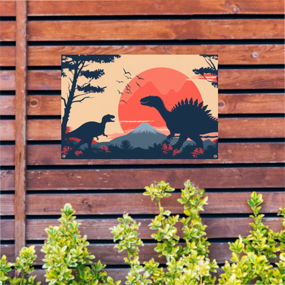 Silhouetten van dinos in prehistorisch landschap tuinposter