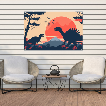 Silhouetten van dinos in prehistorisch landschap tuinposter