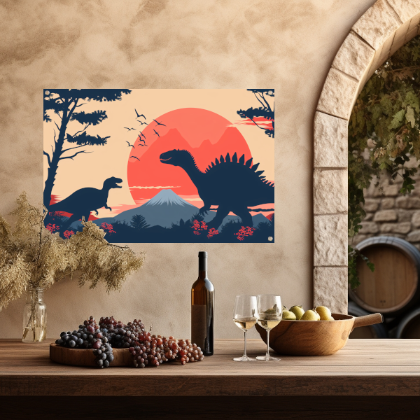 Silhouetten van dinos in prehistorisch landschap tuinposter