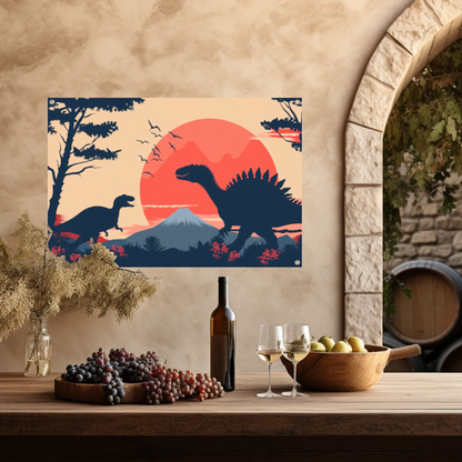 Silhouetten van dinos in prehistorisch landschap tuinposter