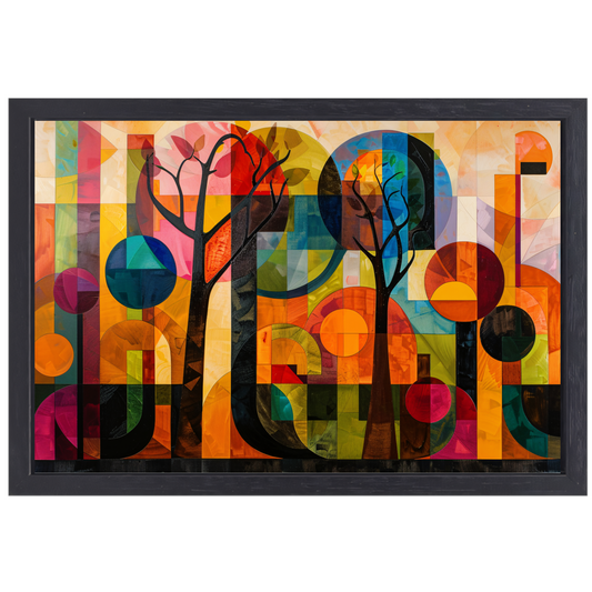 Kleurrijke Abstracte Bomen in Stedelijke Omgeving canvas met baklijst
