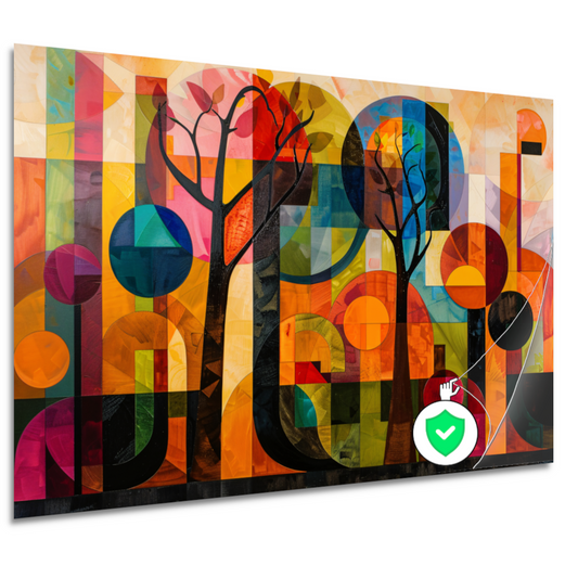 Kleurrijke Abstracte Bomen in Stedelijke Omgeving poster