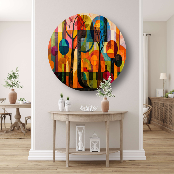 Kleurrijke Abstracte Bomen in Stedelijke Omgeving forex muurcirkel