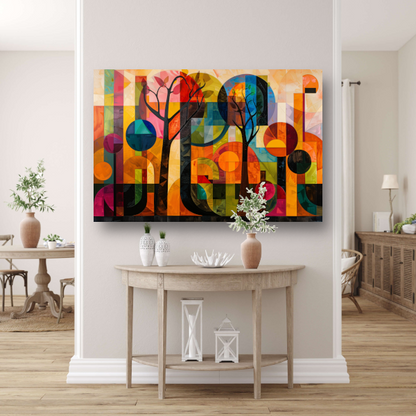 Kleurrijke Abstracte Bomen in Stedelijke Omgeving poster