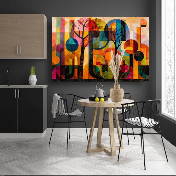 Kleurrijke Abstracte Bomen in Stedelijke Omgeving poster