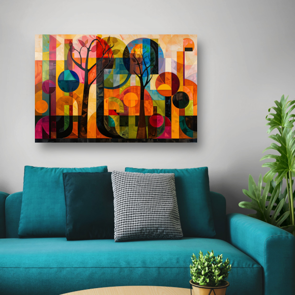 Kleurrijke Abstracte Bomen in Stedelijke Omgeving poster