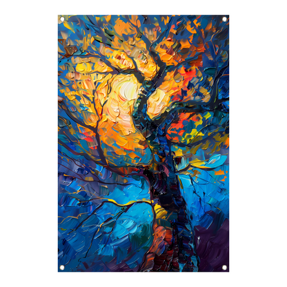 Dynamisch kleurrijk olieverfschilderij van een boom tuinposter