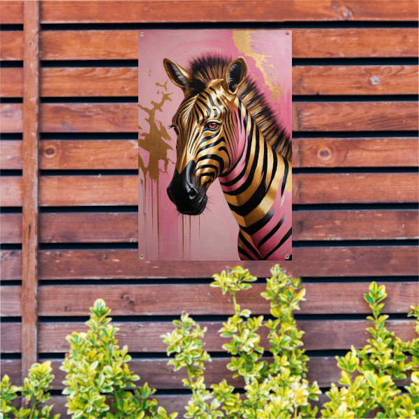 Gouden Zebra met Roze Achtergrond Kunstwerk tuinposter