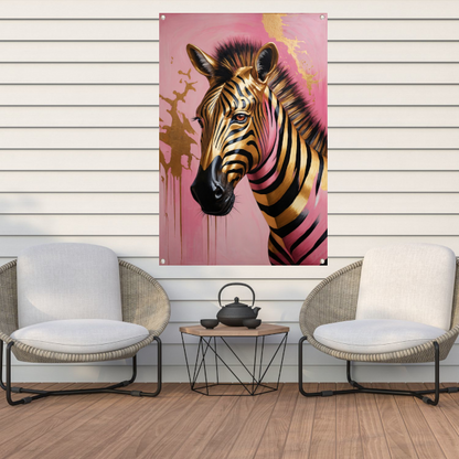 Gouden Zebra met Roze Achtergrond Kunstwerk tuinposter