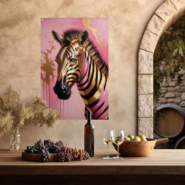 Gouden Zebra met Roze Achtergrond Kunstwerk tuinposter