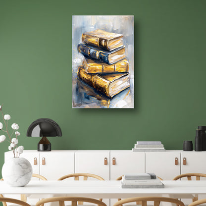 Abstracte boekenstapel in goud en blauw poster