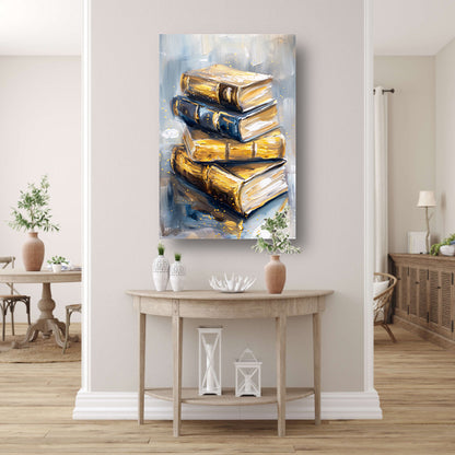 Abstracte boekenstapel in goud en blauw canvas
