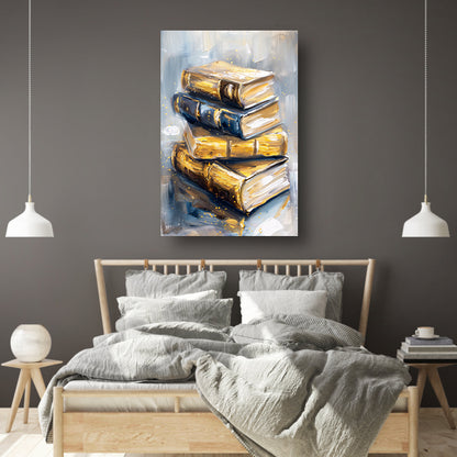 Abstracte boekenstapel in goud en blauw poster