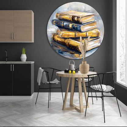 Abstracte boekenstapel in goud en blauw aluminium muurcirkel