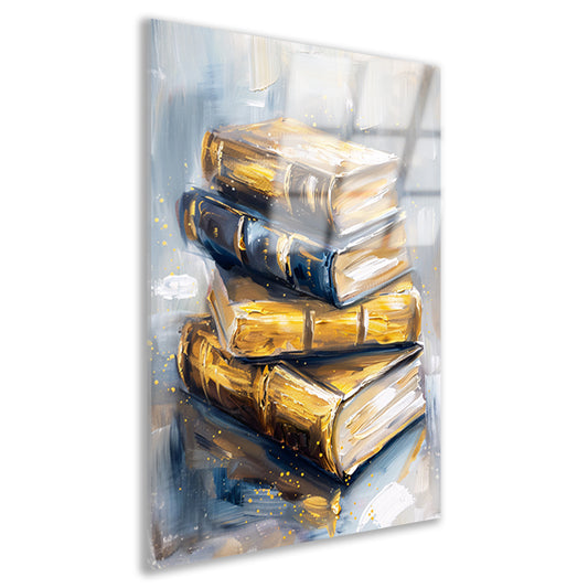 Abstracte boekenstapel in goud en blauw acrylglas