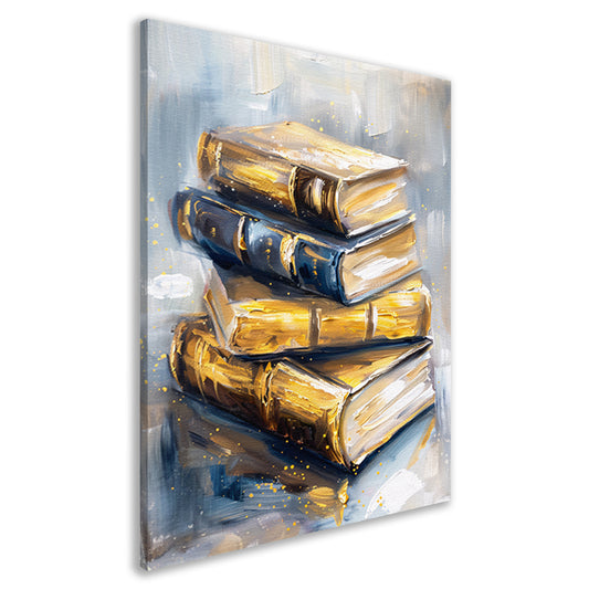 Abstracte boekenstapel in goud en blauw canvas
