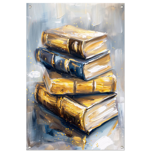 Abstracte boekenstapel in goud en blauw tuinposter