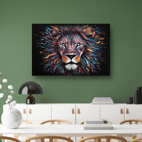 Kleurrijk abstract leeuwenportret met dynamische kleuren canvas met baklijst