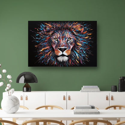 Kleurrijk abstract leeuwenportret met dynamische kleuren canvas met baklijst