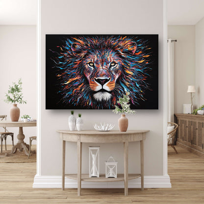 Kleurrijk abstract leeuwenportret met dynamische kleuren canvas met baklijst