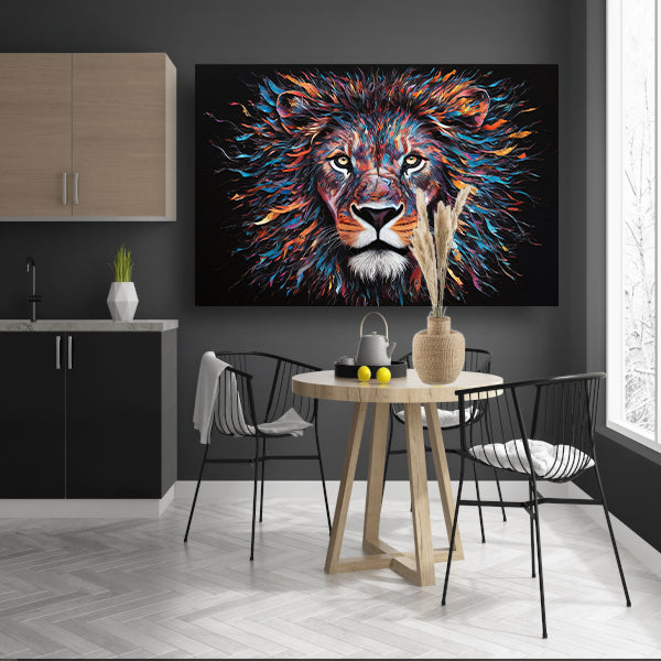 Kleurrijk abstract leeuwenportret met dynamische kleuren canvas met baklijst